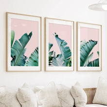 Load image into Gallery viewer, Green Banana Leaves on Pink. Tropical Triptych

