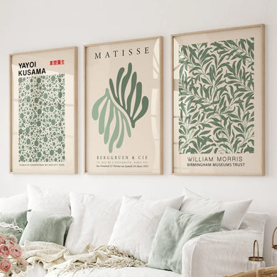 Kusama Green Dots Art Poster Decor Set. Thinwood Frames Over the Couch.