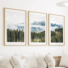 Load image into Gallery viewer, Green Pine Tree Forest. Blue Foggy Mountains. Set of 3 Prints
