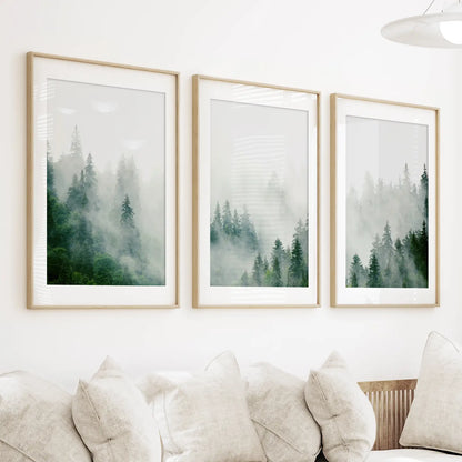 Evergreen Misty Forest Triptych. Set of 3 Prints