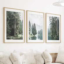 Load image into Gallery viewer, Green Forest River with Trees and Mountain. 3 Piece Wall Art
