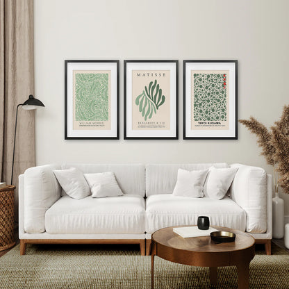 Modern Museum Art Decor Prints. Black Frames with Mat Over the Coach.