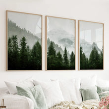 Load image into Gallery viewer, Green Mountain Forest 3 Piece Wall Art. Foggy Nordic Nature
