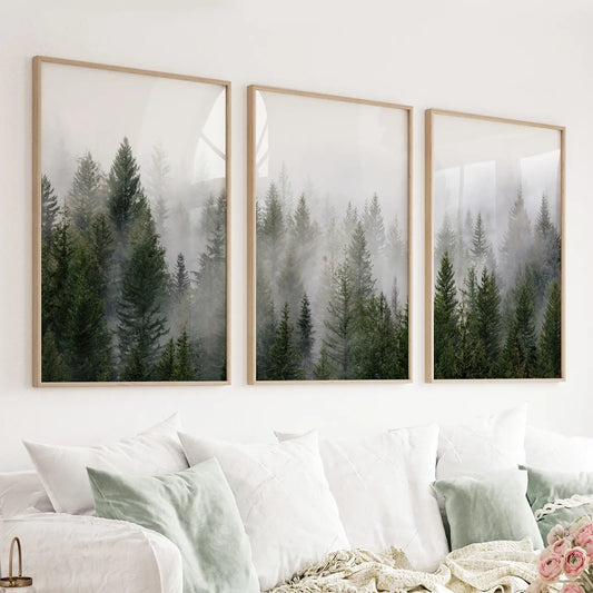 Green Pine Tree Forest. Foggy Nature Wall Art Prints