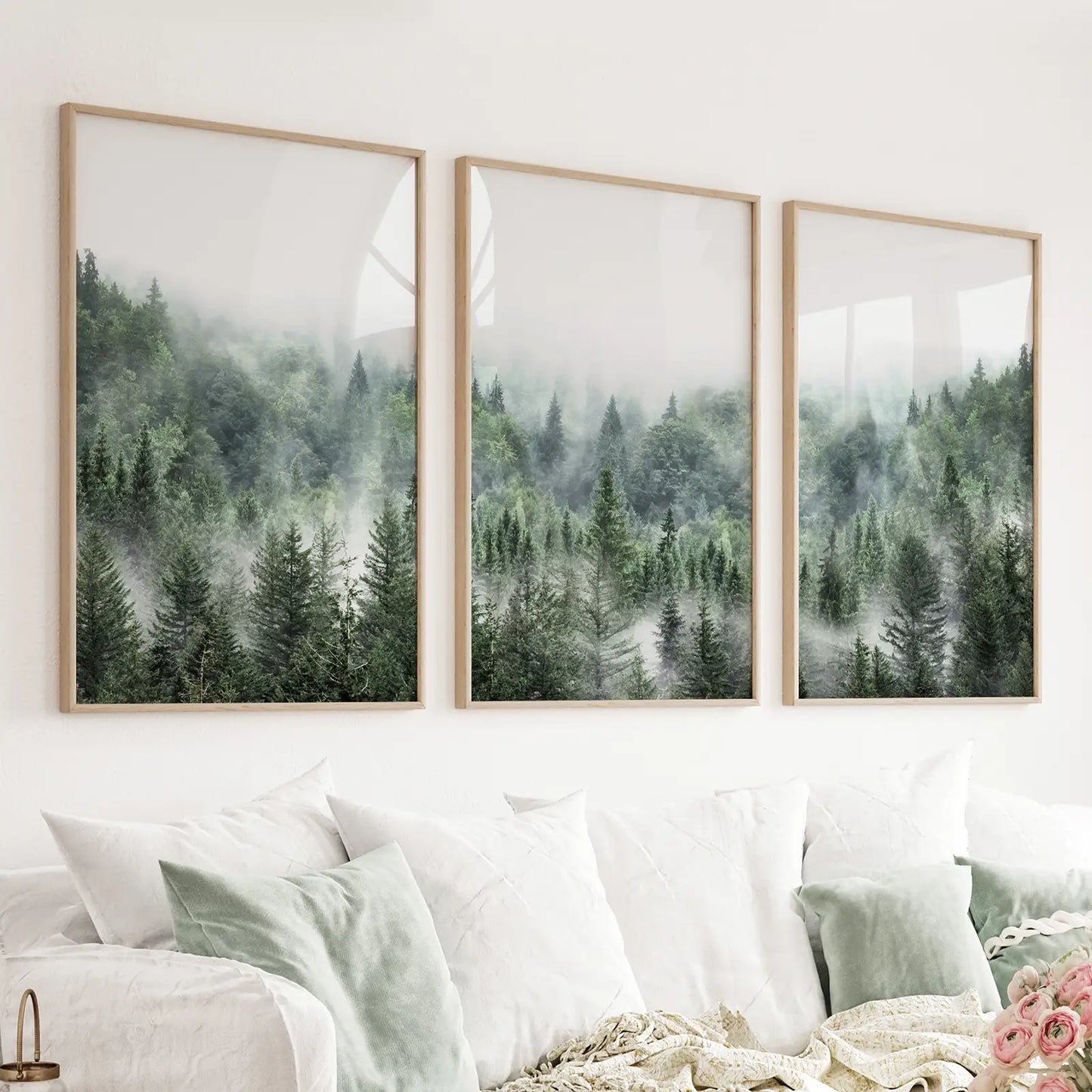 Minimalist Set of 3 Green Misty Mountain Forest Prints