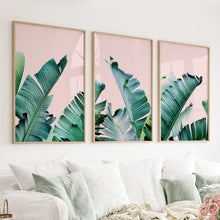 Load image into Gallery viewer, Green Banana Leaves on Pink. Tropical Triptych
