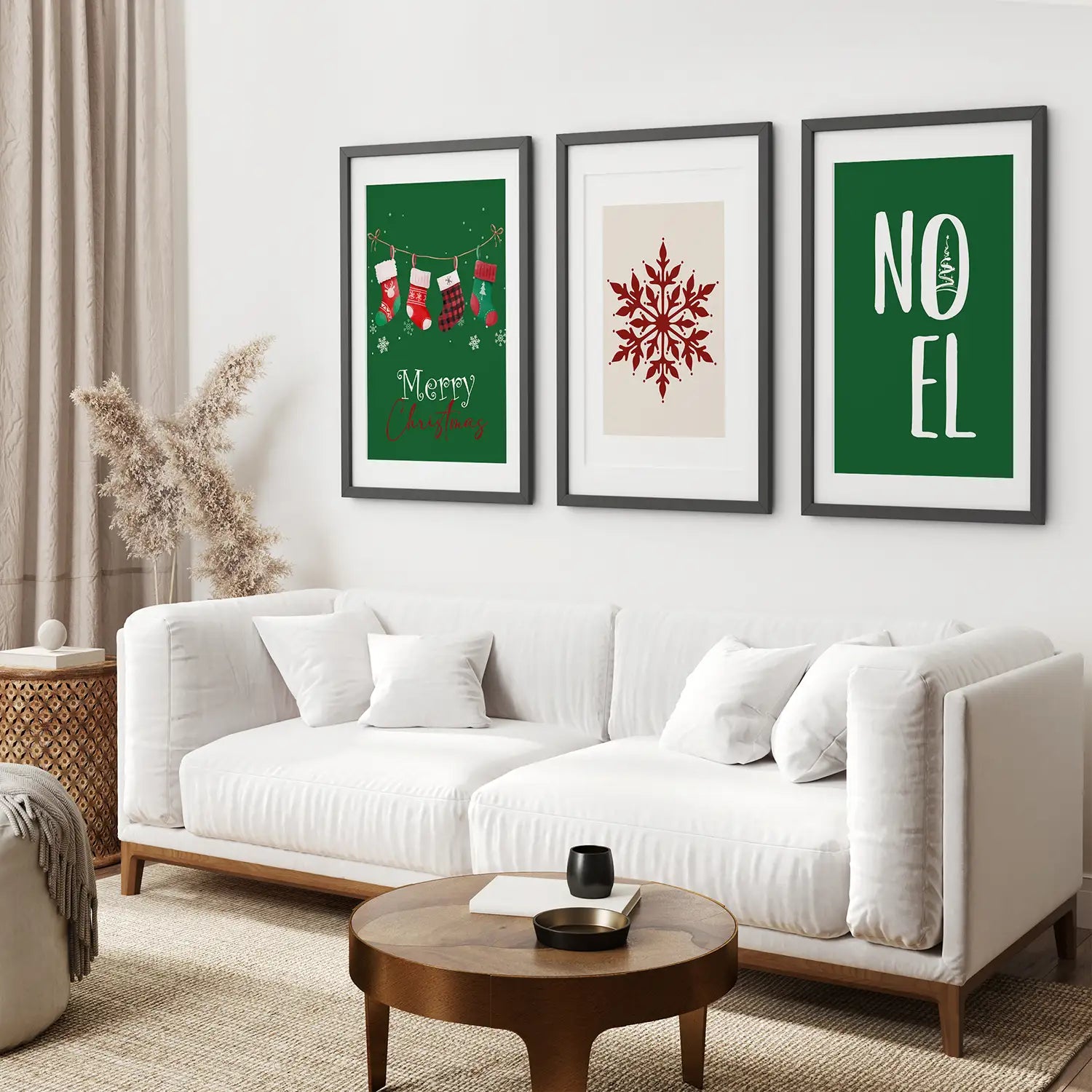 Christmas Decoration Nursery Art Prints Set of 3. Black Frames with Mat Above the Sofa.