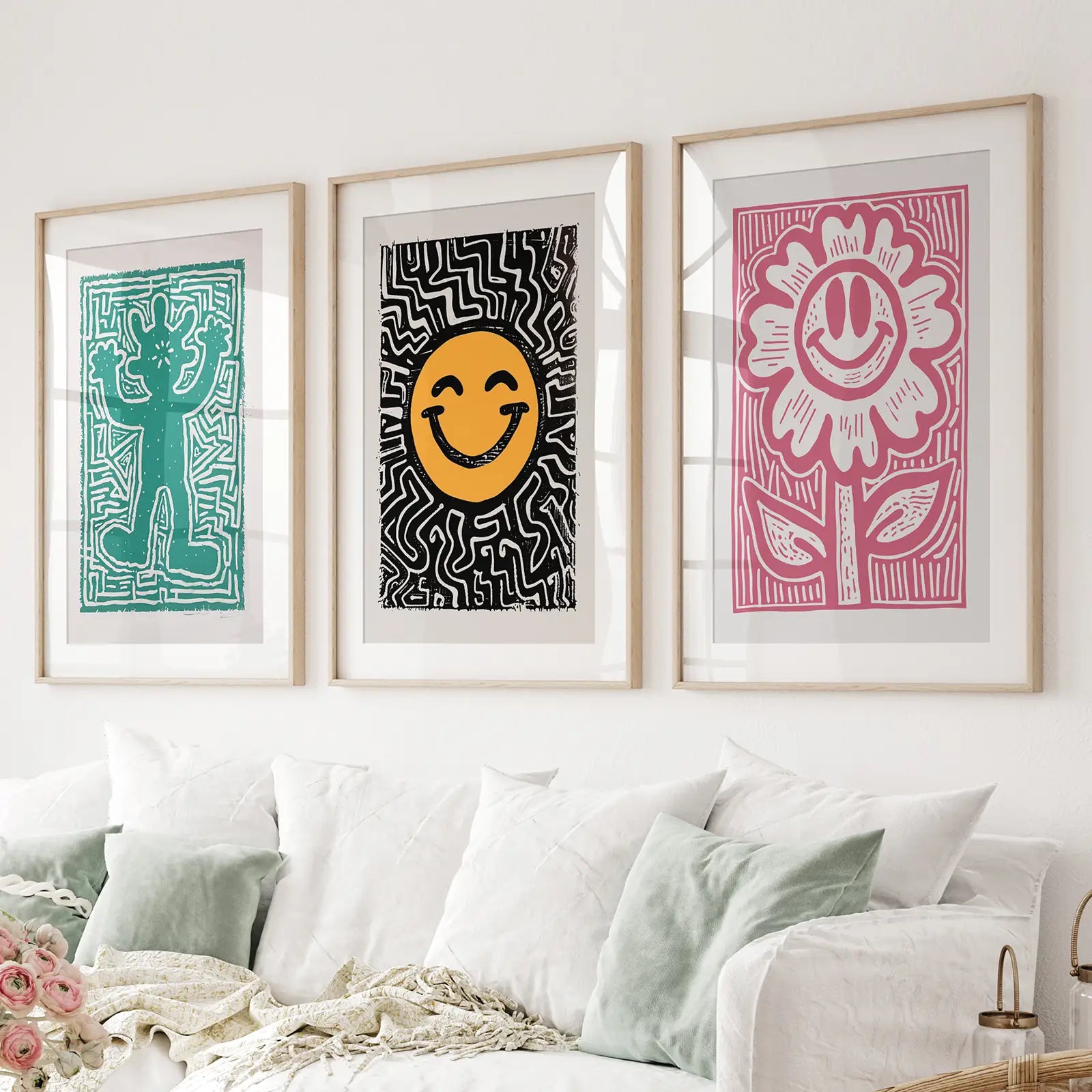 Room Decor for Teens Groovy Art Prints. Thinwood Frames with Mat Above the Sofa.