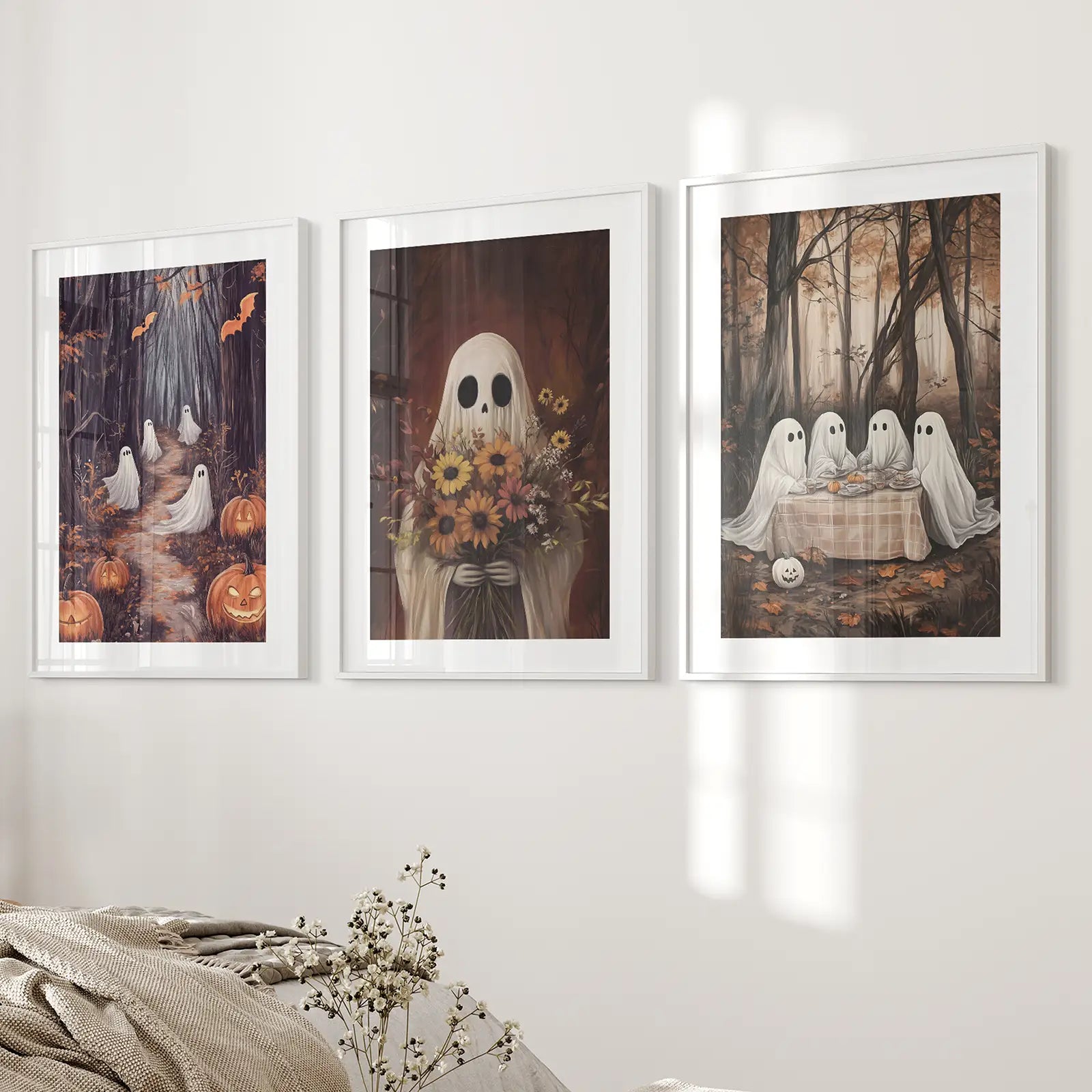 Spooky Halloween Ghost Spirit Decor Poster Art Set. White Frames with Mat Above the Bed.