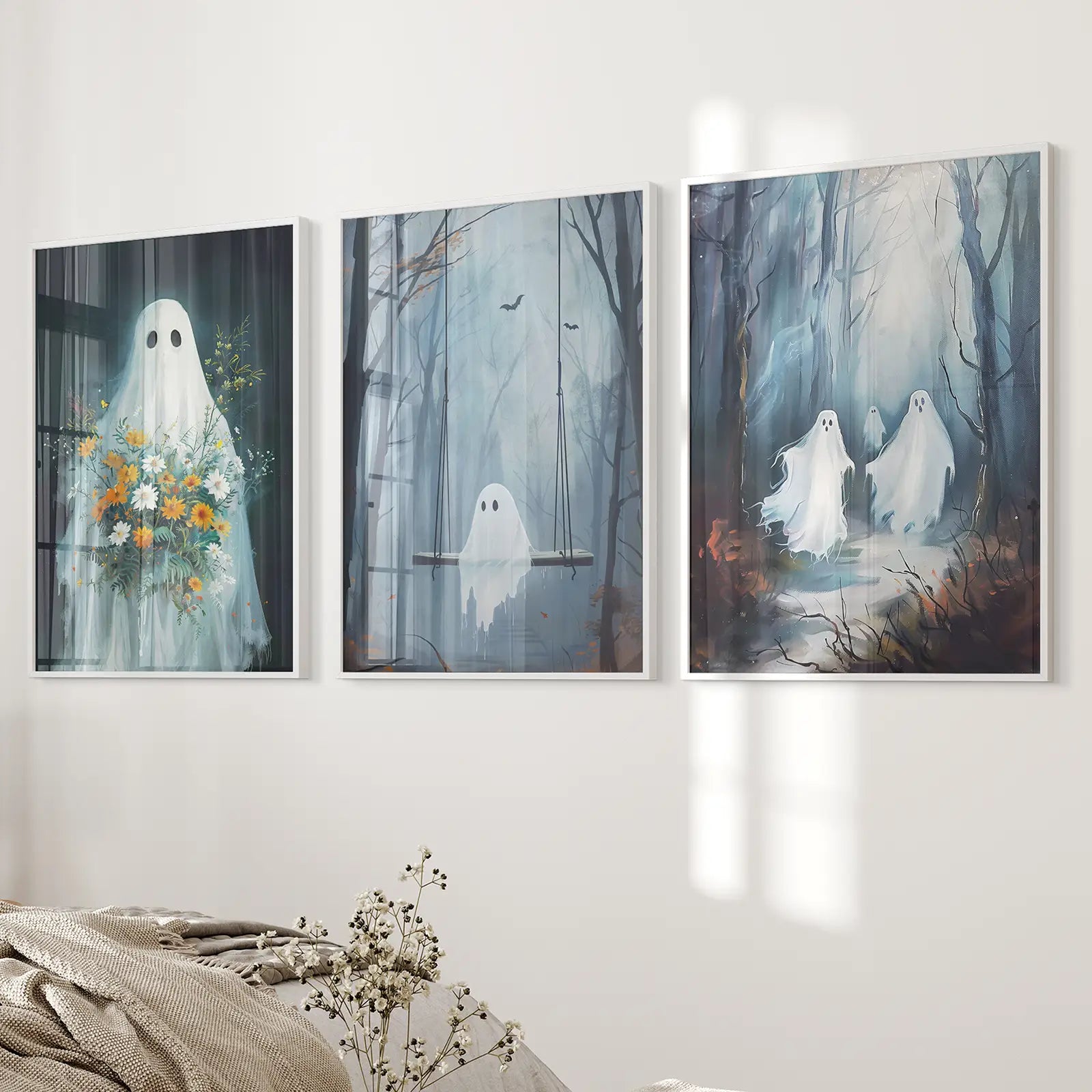 Foggy Halloween Gothic Wall Art Poster Home Decor Set.White Frames Over the Bed.