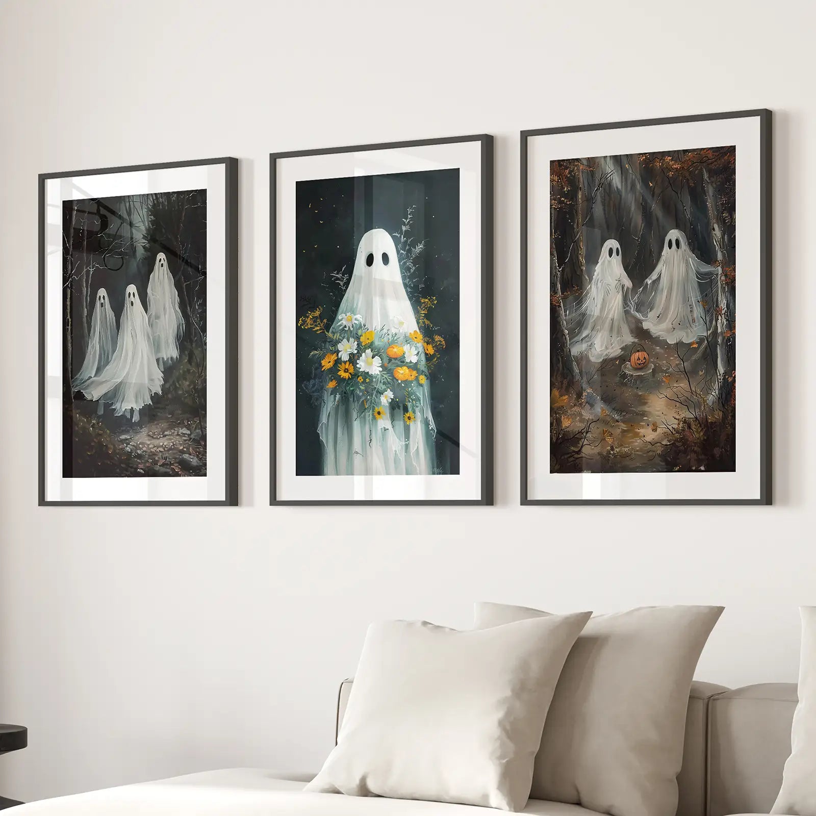 Spooky Haunted Forest Wall Art Print Poster Set. Black Frames with Mat Over the Couch.