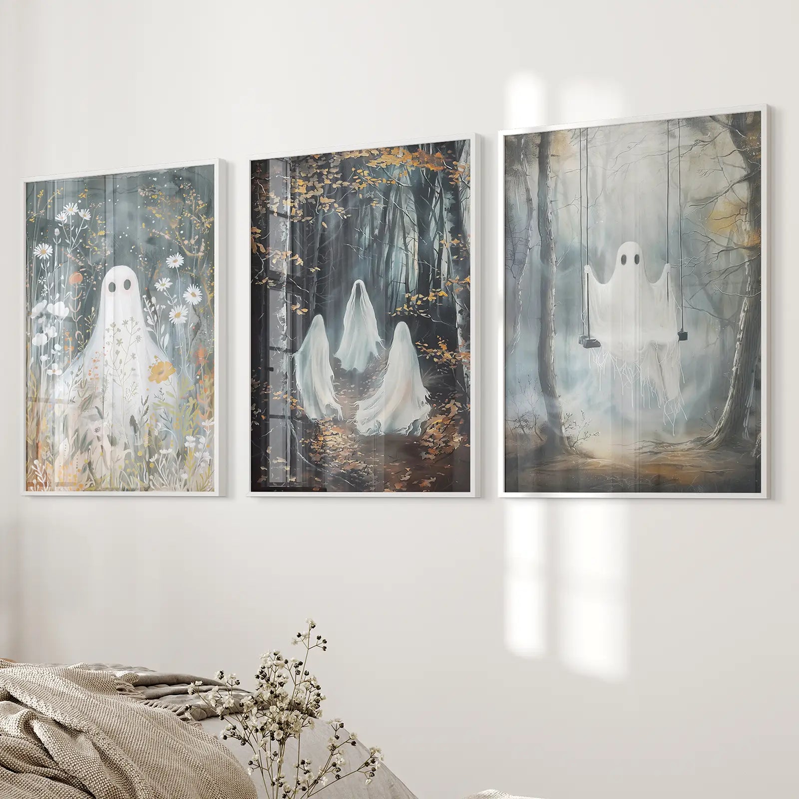 Halloween Party Art Dark Academia Decor Prints. White Frames for Bedroom.