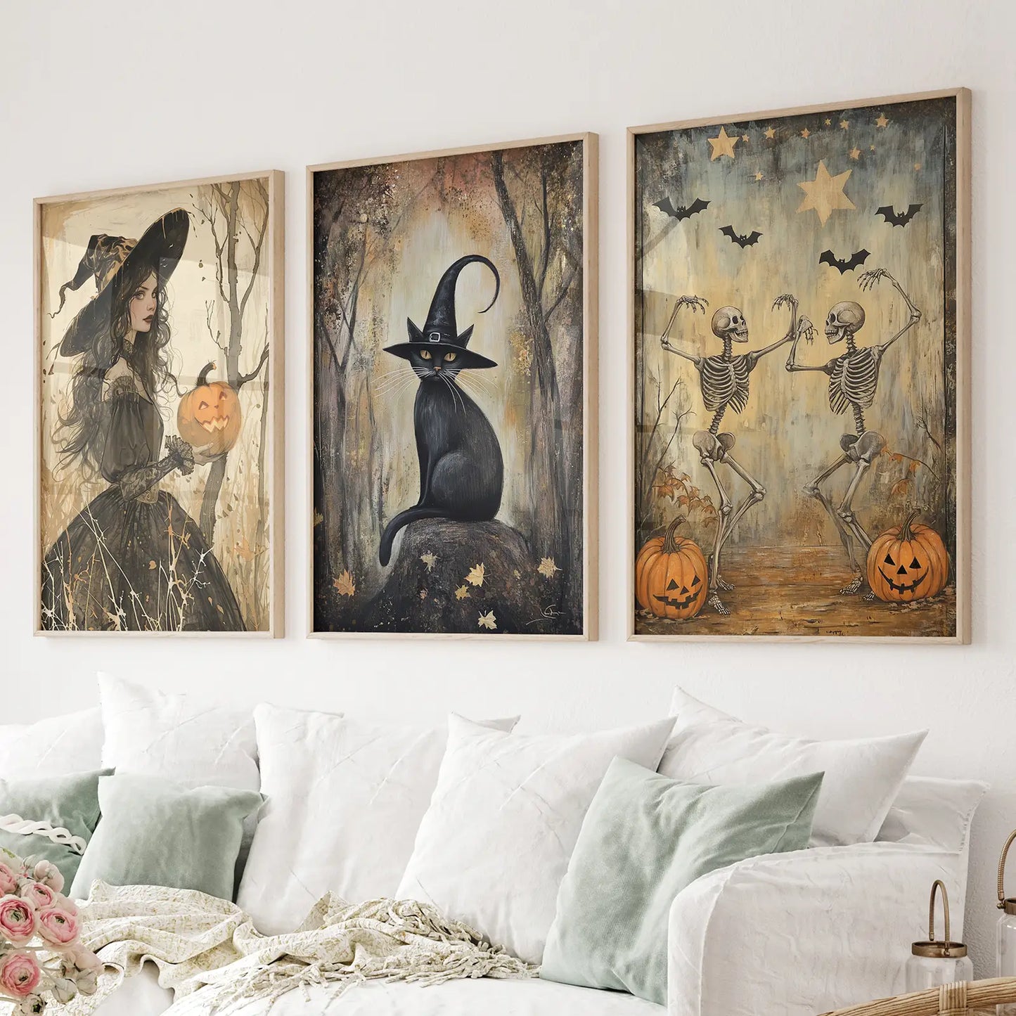 Spooky Wall Art Fall Holiday Poster Set Decor. Thinwood Frames for Living Room.