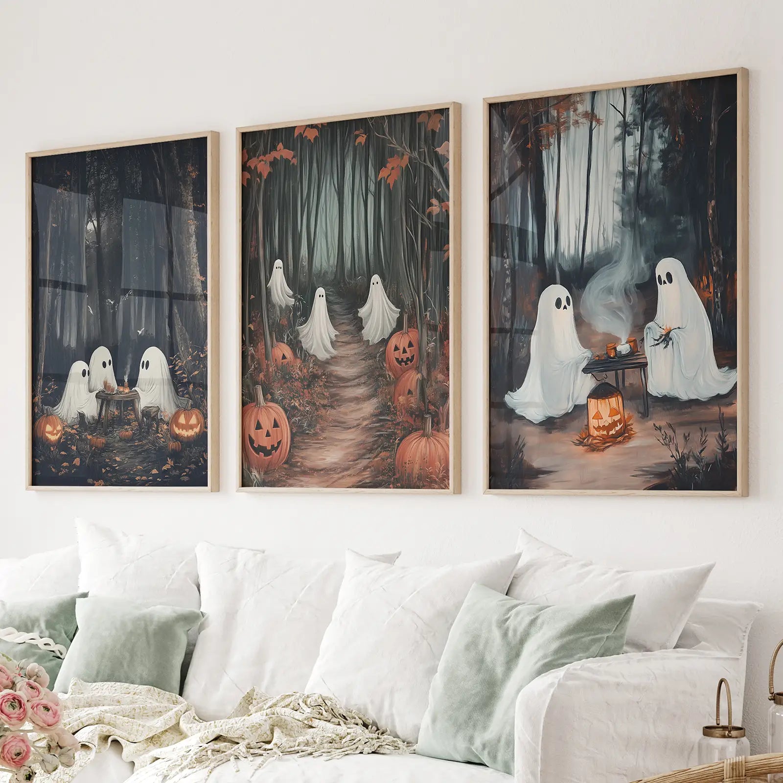 Cute Halloween Home Decor Wall Art Print Decor. Thinwood Frames Above the Sofa.