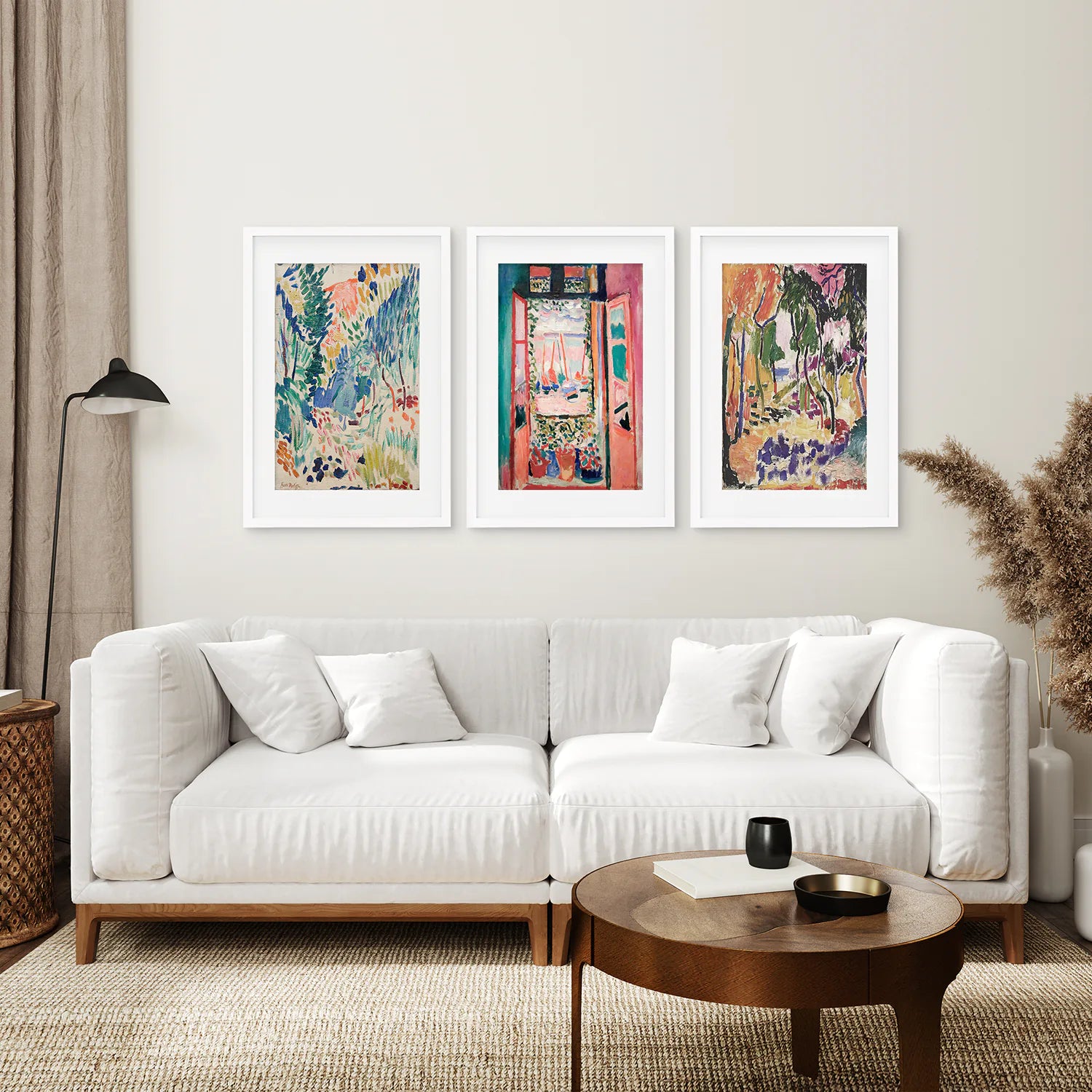 Henri Matisse High Quality Prints Set. White Frames with Mat Over the Coach.