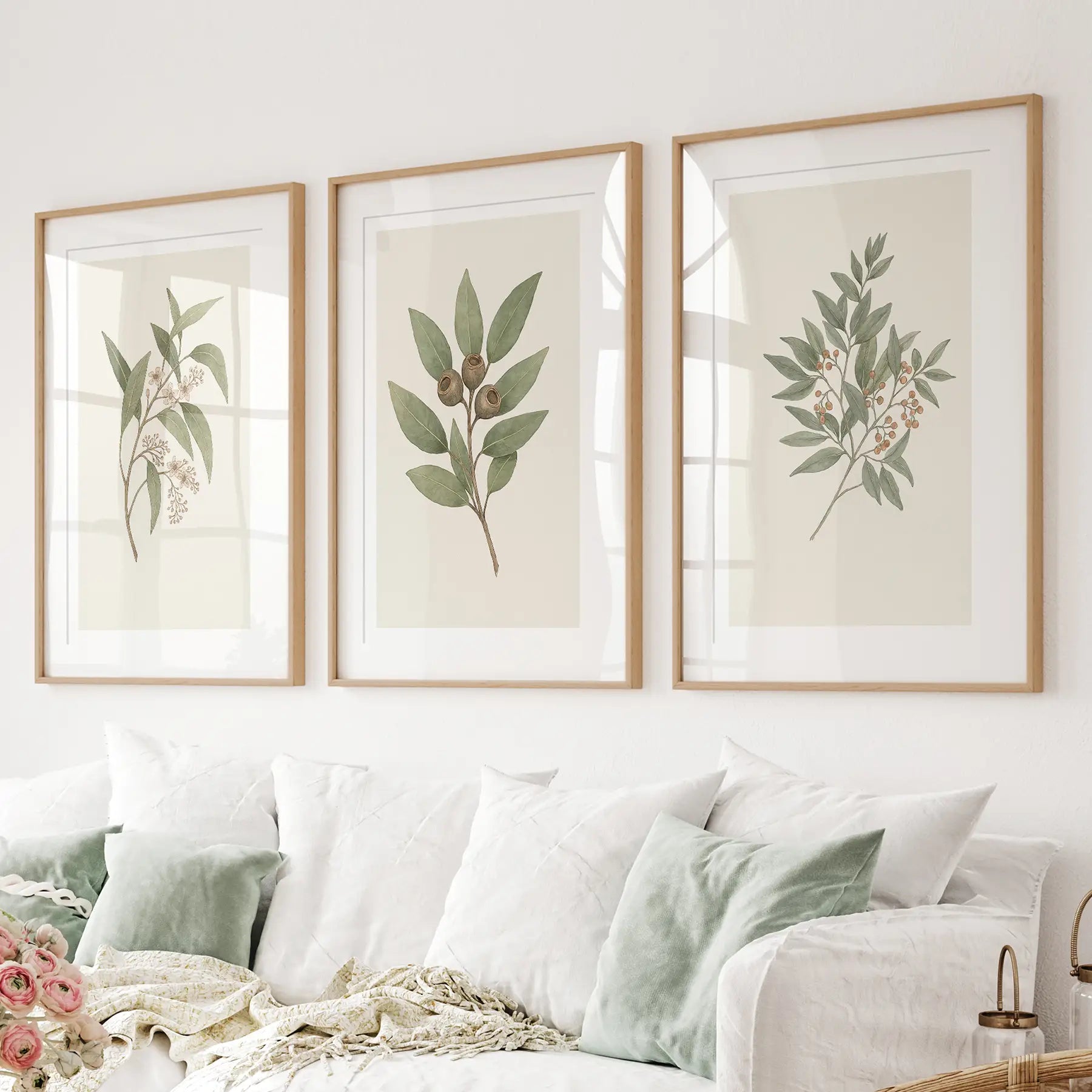 Vintage Flower Paintings Trendy Decor Poster Set. Thinwood Frames with Mat Above the Sofa.