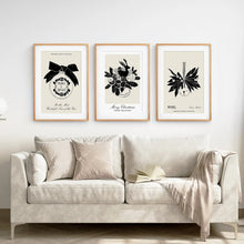 Load image into Gallery viewer, Vintage Christmas Wall Art Set. Holiday Prints. Thin Wood Frames with Mat Above the Sofa.
