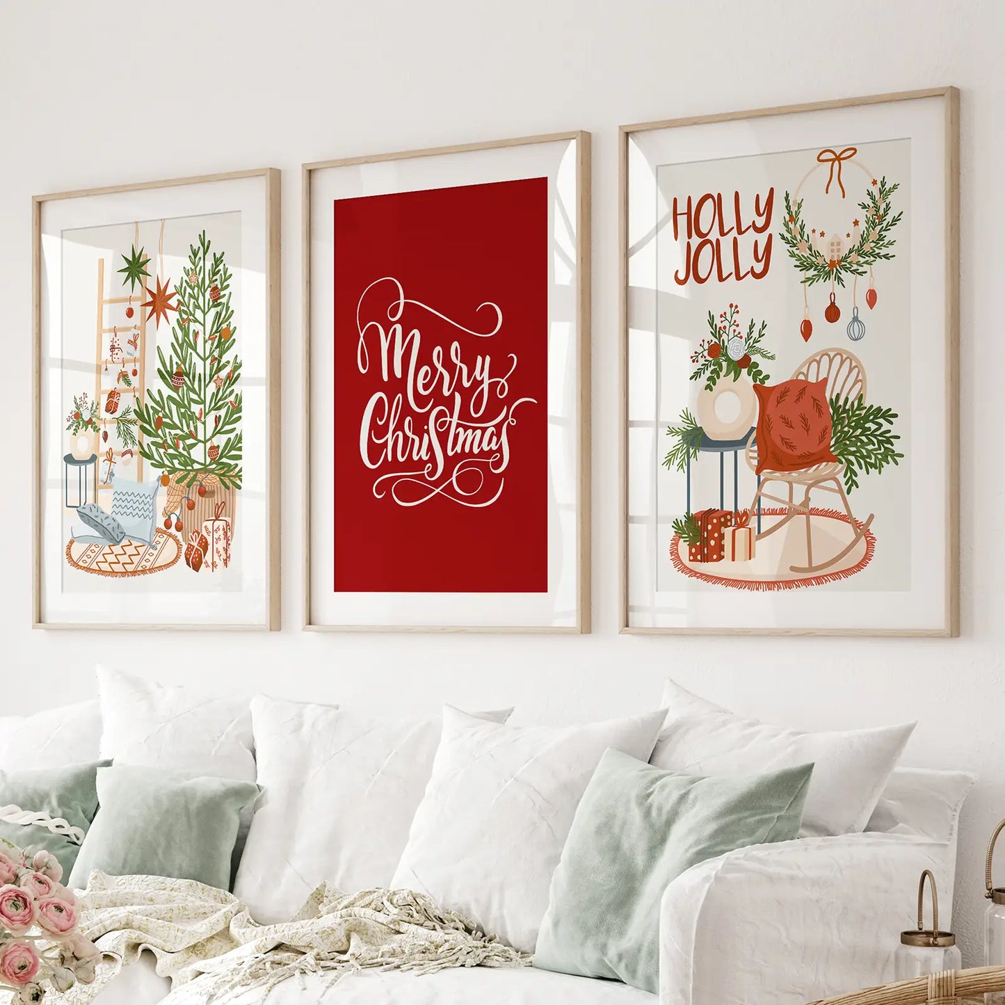 Red Merry Christmas Modern Wall Art Print Decor. Thinwood Frames with Mat Over the Couch.