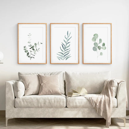 Greenery Wall Art Prints Home Decor Set. Thinwood Frames with Mat Over the Coach.