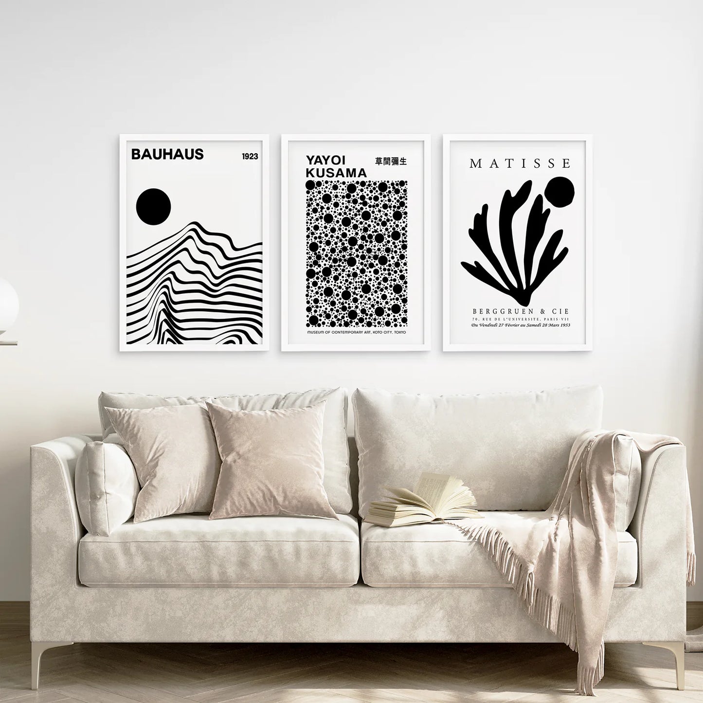 Trendy Kusama Set Of 3 Art Set. White Frames Above the Sofa.