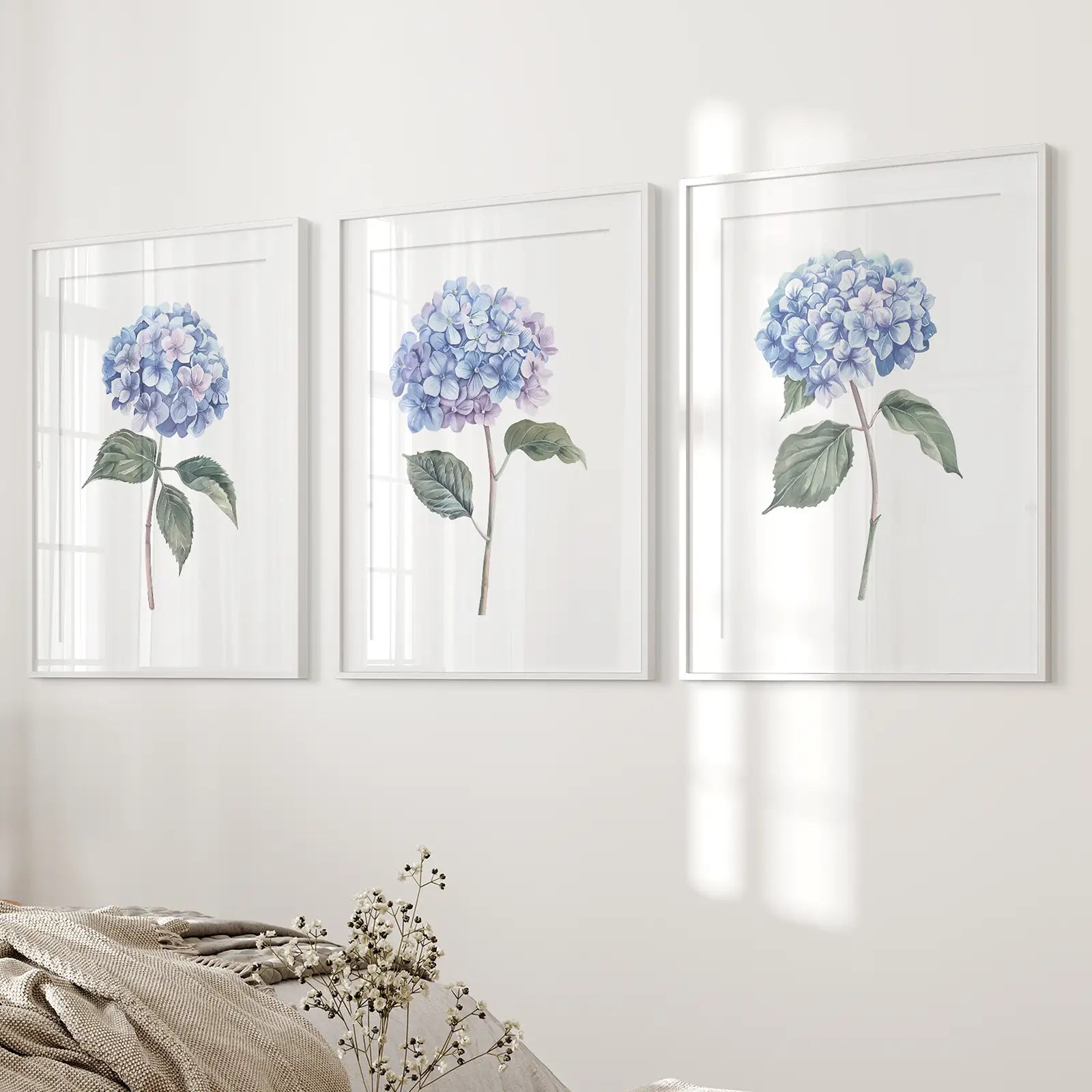 Light Blue Wall Art Floral Modern Printable Set. White Frames with Mat Above the Bed.