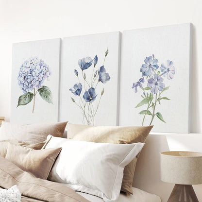 Botanical watercolor flowers poster, apartment modern decor. Wrapped canvas for bedroom.