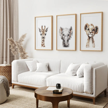 Giraffe Watercolor Baby Room Posters. Thinwood Frames with Mat Above the Sofa.