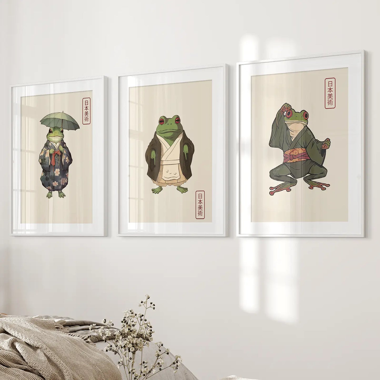 Japanese Woodblock Trendy Art Decor Prints. White Frames with Mat Above the Bed.