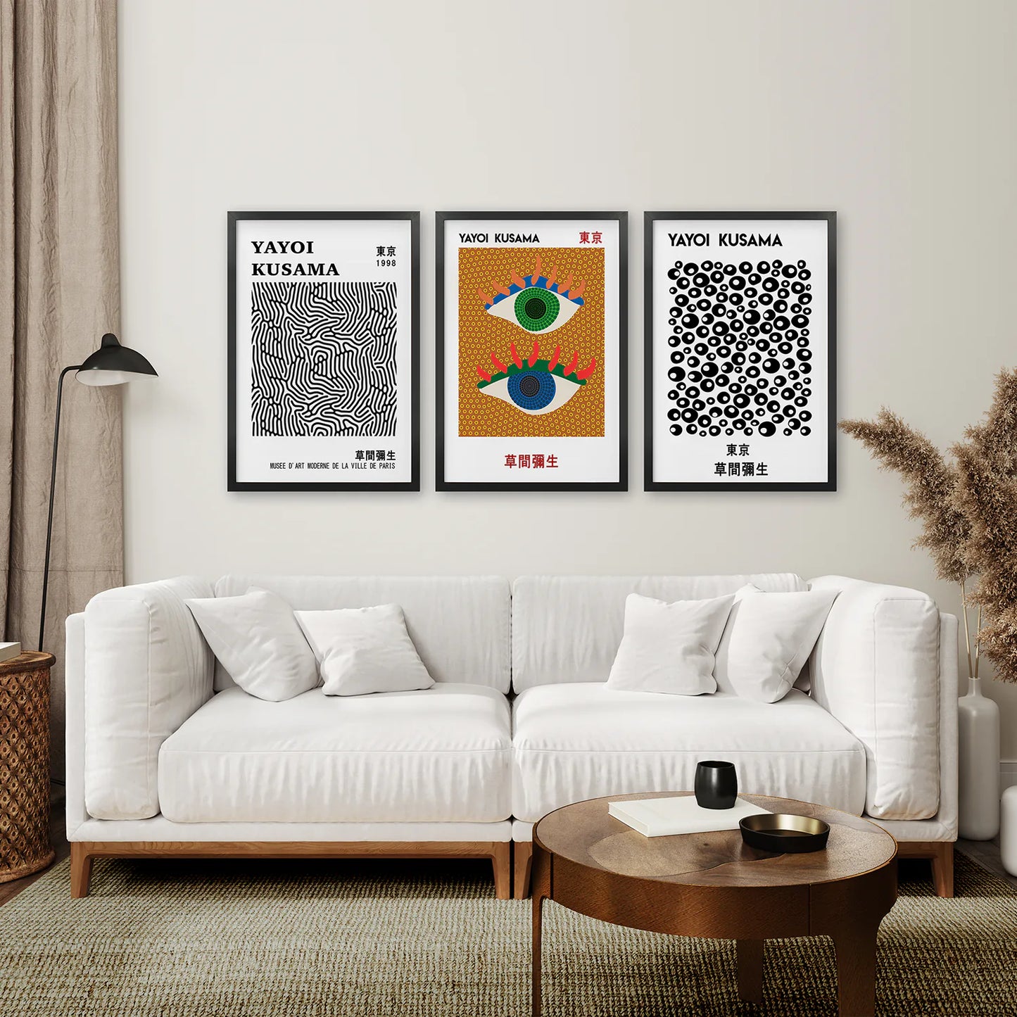 Bestseller Print Kusama Abstract Wall Art Decor Set. Black Frames Above the Sofa.