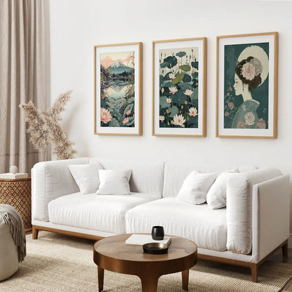 Fuji Mountain Print Poster Set Living Room Decor. Thin Wood Frames with Mat Over the Couch.