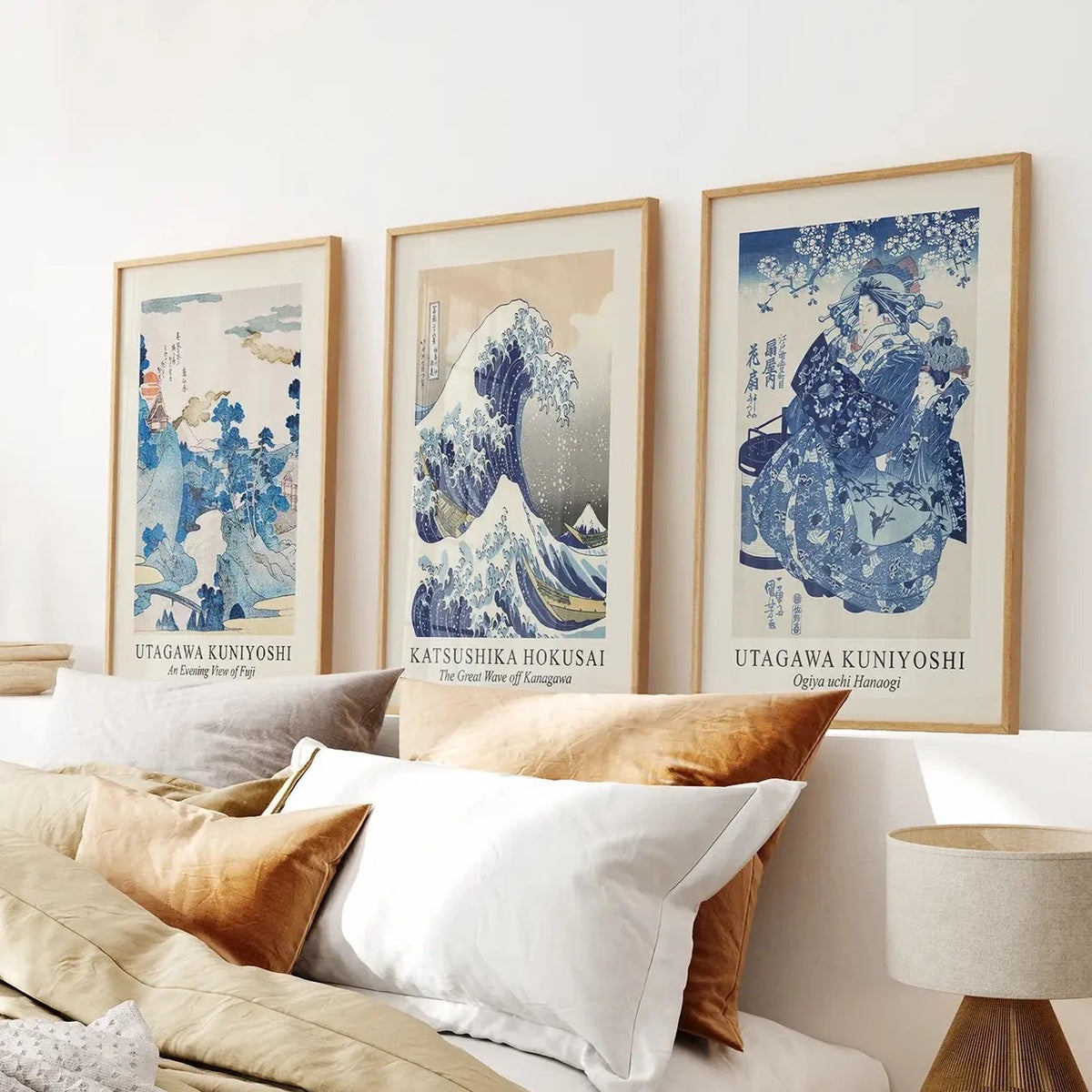 Japanese woodblock print set of 3 with Hokusai Great Wave and blue Kuniyoshi wall art. Thinwood Frames for Bedroom.