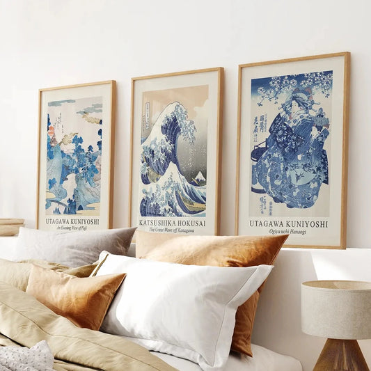 Hokusai Kanagawa Wave Bundle Decor Set. Thinwood Frames for Bedroom.