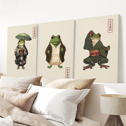 Modern Funny Frog Matsumoto Hoji Wall Art. Wrapped Canvas Over the Bed.