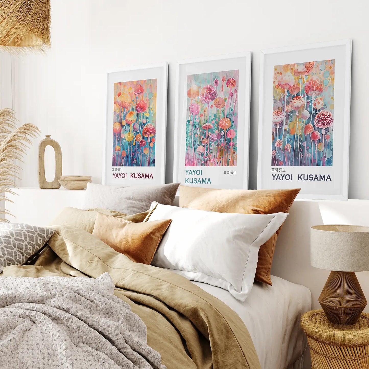 Kusama Abstract Print Posters Room Decor. White Frames for Bedroom.