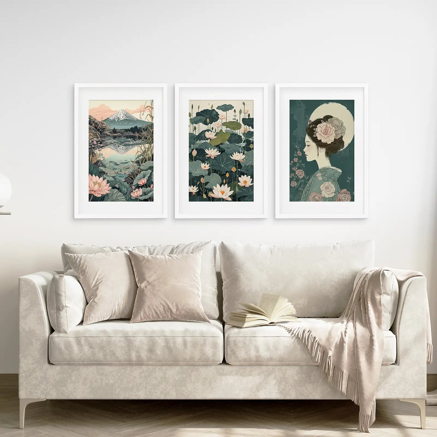 Geisha Japandi Best Selling Wall Art Prints. White Frames with Mat Above the Sofa.