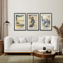 Load image into Gallery viewer, Woodblock Art Poster Set for Living Room. Black Frames Over the Coach.
