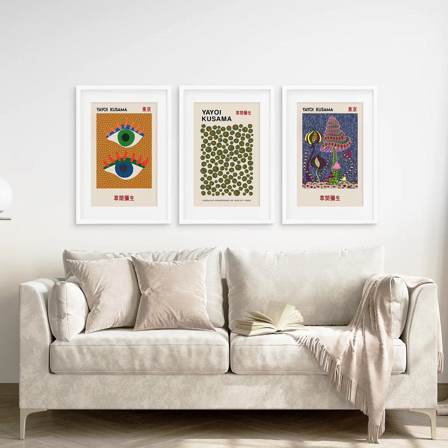 Trendy Abstract Wall Decor Set of 3 Piece. White Frames with Mat for Living Room.