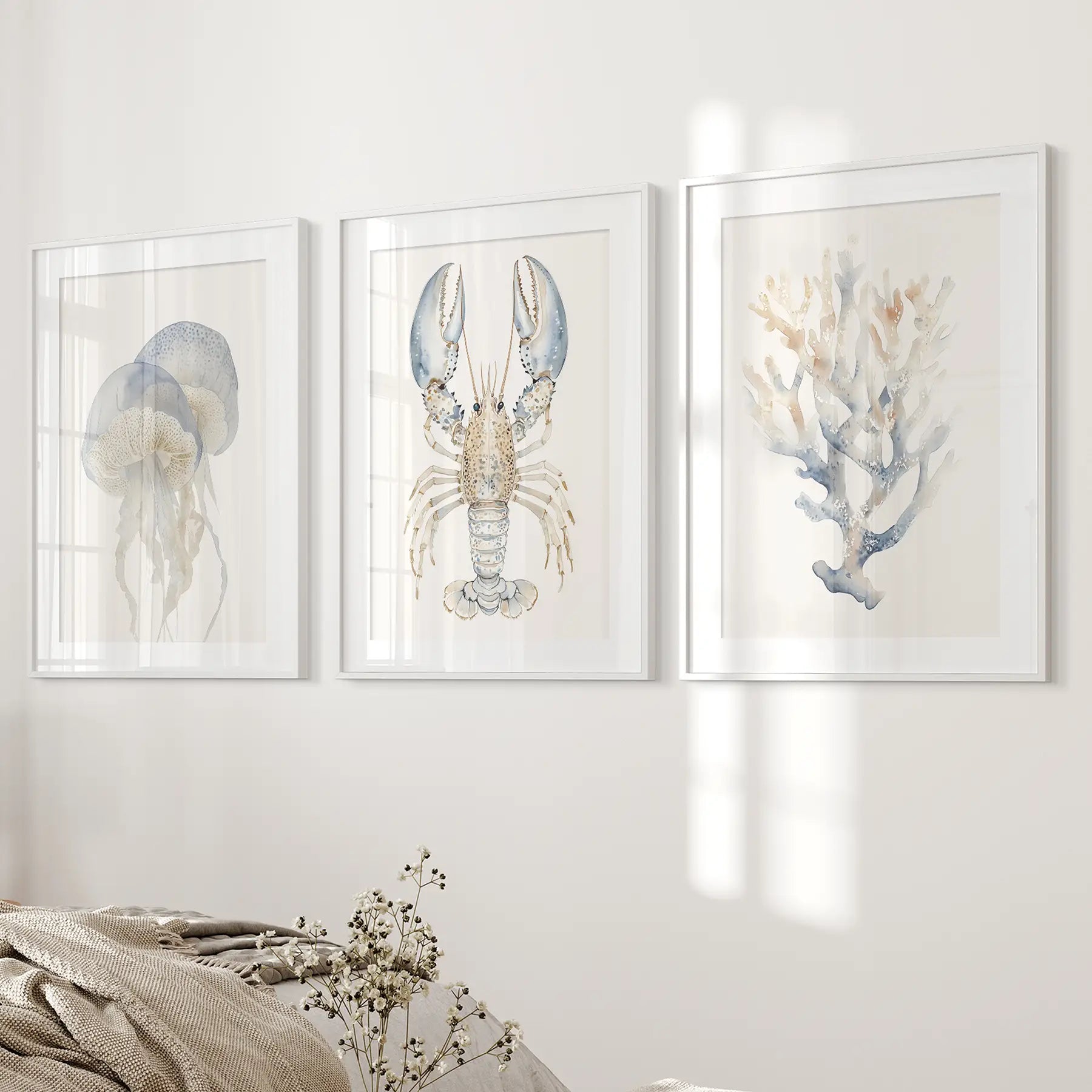 Modern summer wall art. Minimalist ocean print decor. White frames with mat  for bedroom.