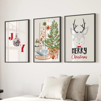 Christmas Decorations Reindeer Poster Wall Art. Black Frames for Living Room.