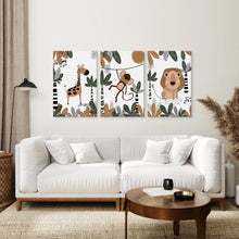 Load image into Gallery viewer, Nursery Set Of 3 Safari Animals. Baby Room Wall Art Decor.Wrapped Canvas Over the Coach.
