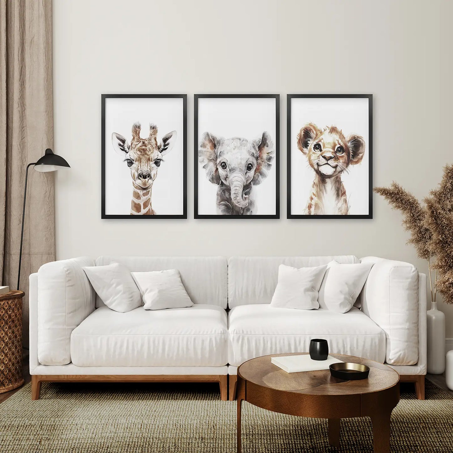 Cute Safari Animals Painting Wall Art. Black Frames Over the Couch.