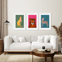 Load image into Gallery viewer, Maximalist Set of 3 Poster Room Decor. White Frames with Mat Above the Sofa.

