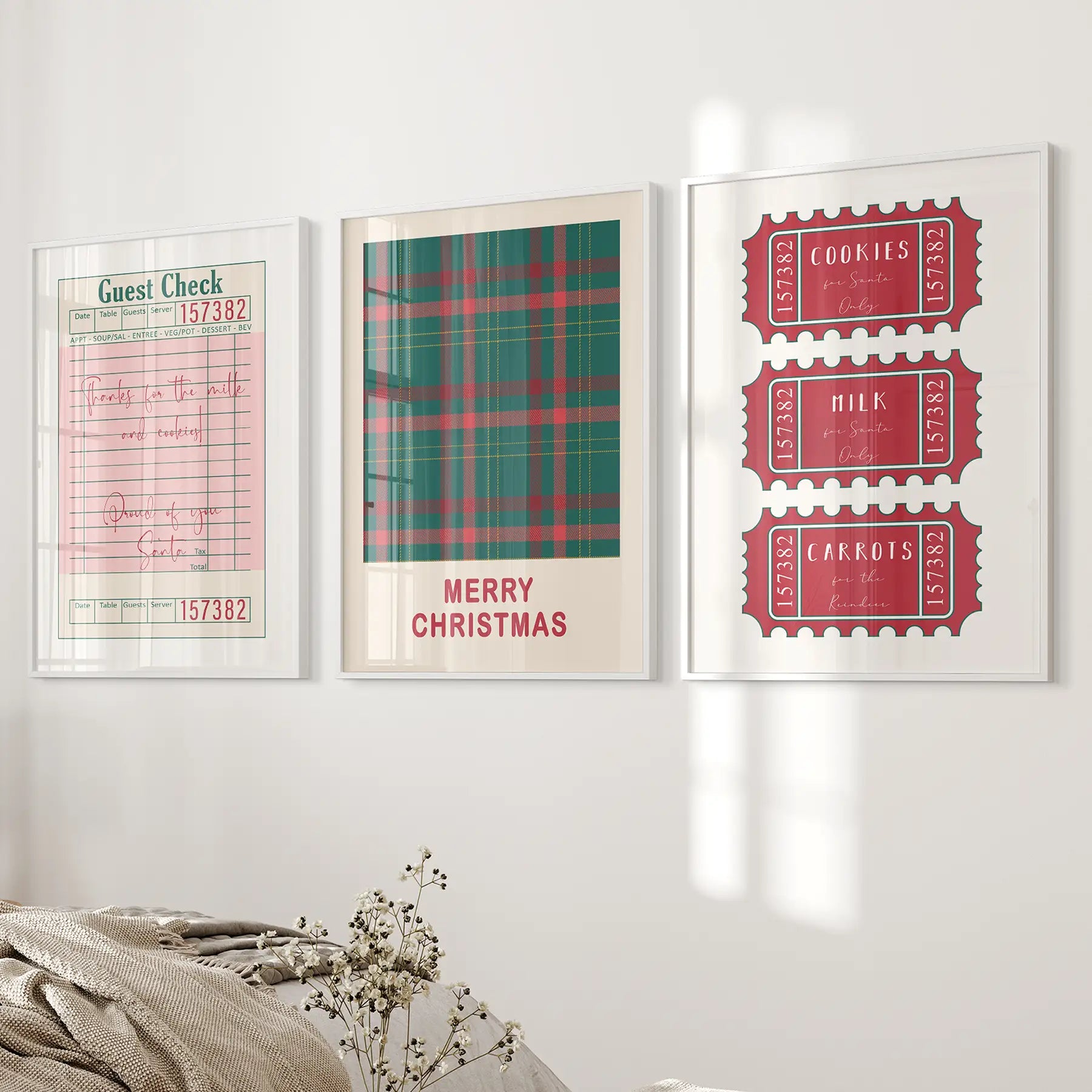 Green christmas vintage wall art decor. Cozy holiday wall decor. White frames above bed.