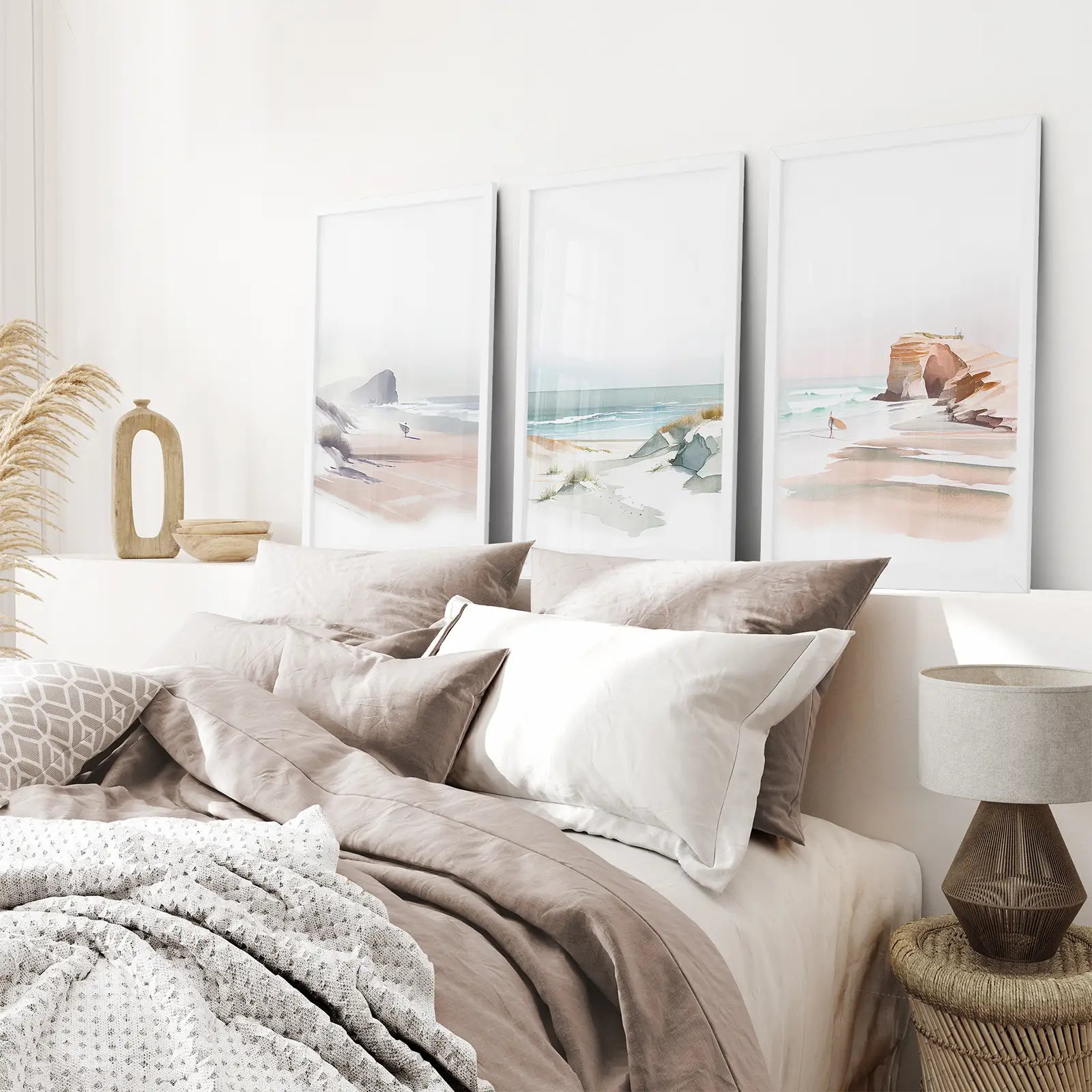 Summer Beach Watercolor Prints Wall Decor. White Frames Above the Sofa.