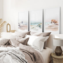 Load image into Gallery viewer, Summer Beach Watercolor Prints Wall Decor. White Frames Above the Sofa.
