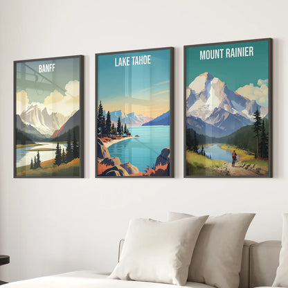 Nature landscape retro wall decor. Emerald Bay trendy posters. Black frames for living room.