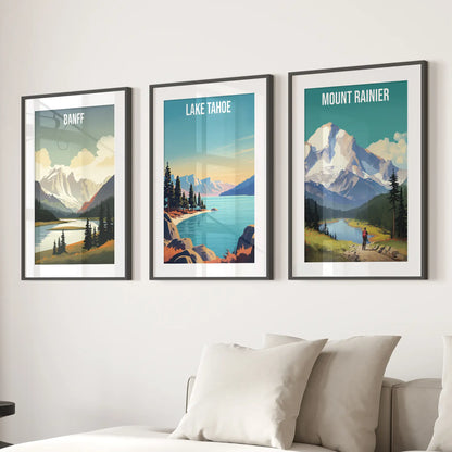 Travel print national park gift. Modern North America Alpine art. Black frames with mat over the couch.