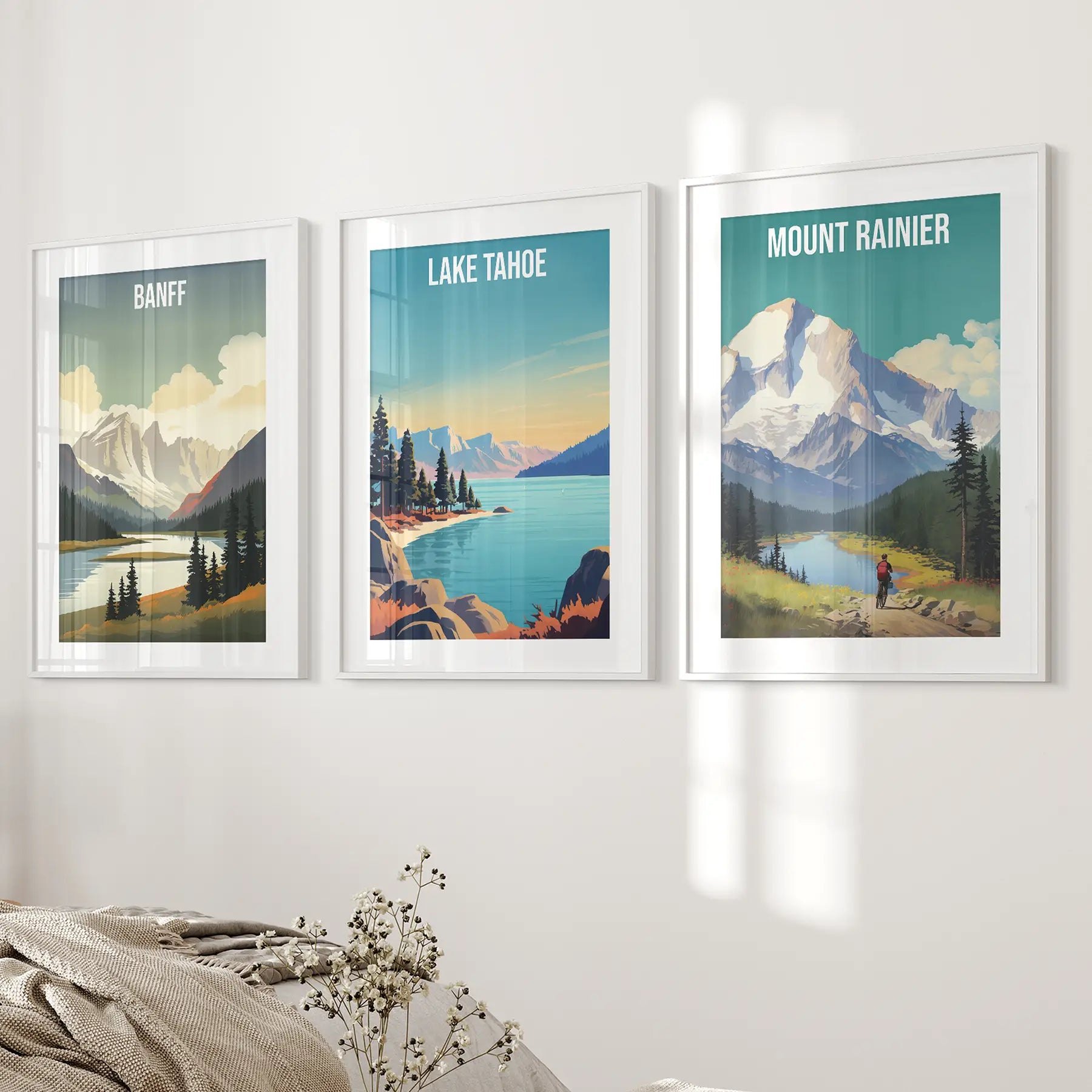 Retro mountain landscape home decor. Banff gift art lovers Canada. White frames with mat above the bed.