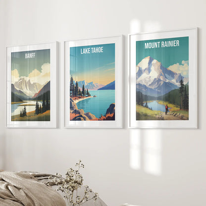 Retro mountain landscape home decor. Banff gift art lovers Canada. White frames with mat above the bed.