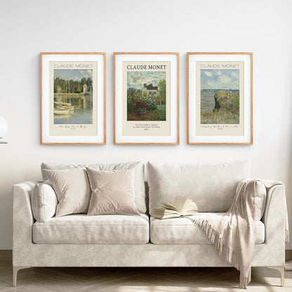 Famous Paintings Monet Museum Art Decor Posters. Thin Wood Frames with Mat Over the Coach.